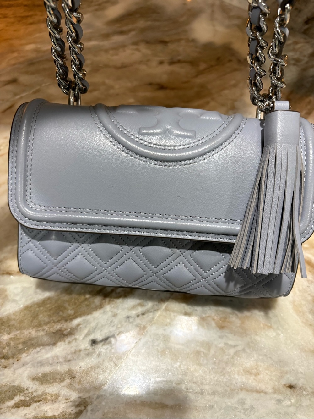 Tory Burch Light Gray Quilted Fleming Chain Tassel Shoulder Bag